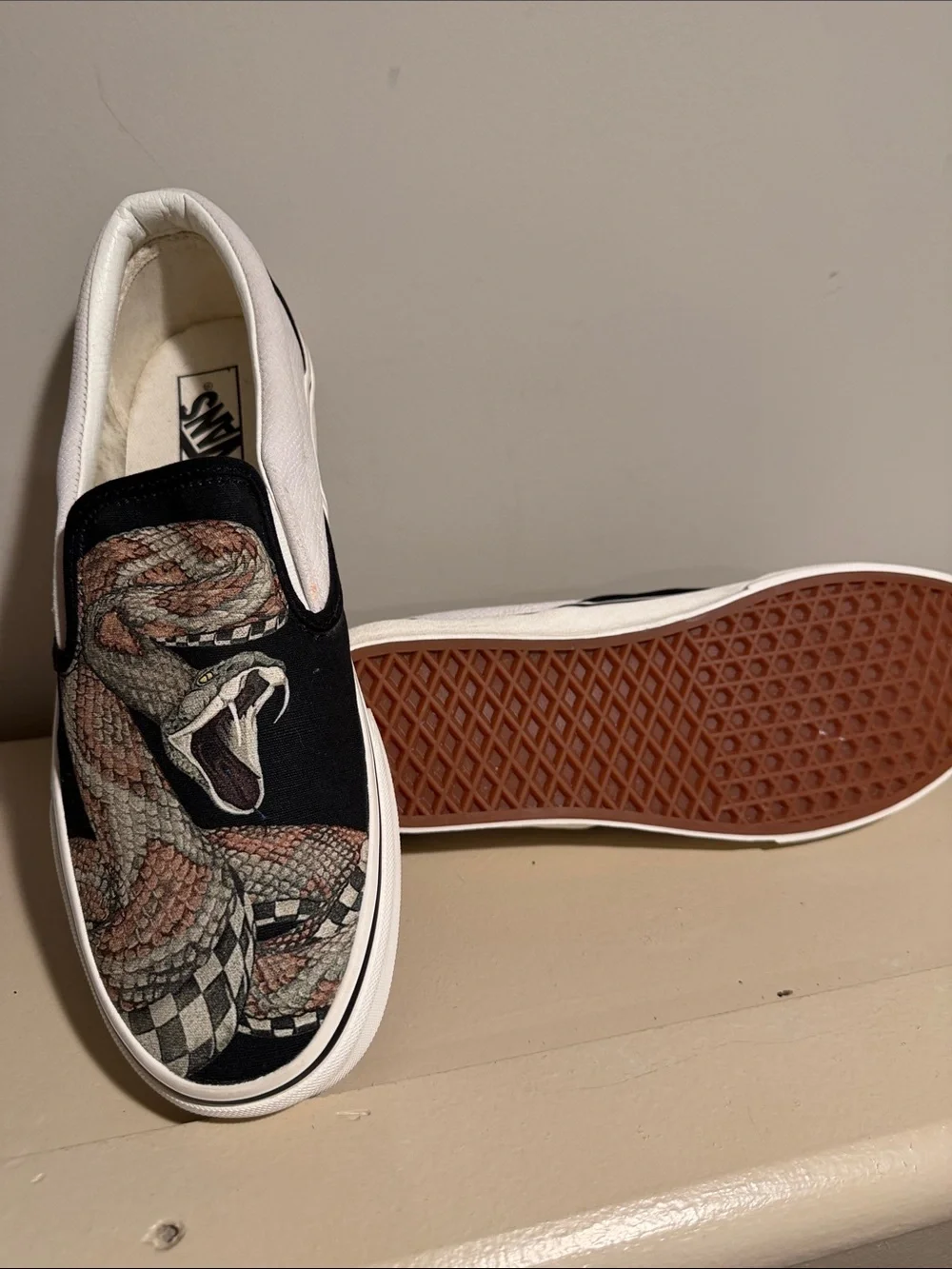 Vans Slip-On Loafers with Coiled Snake Graphic - Black, White, Brown